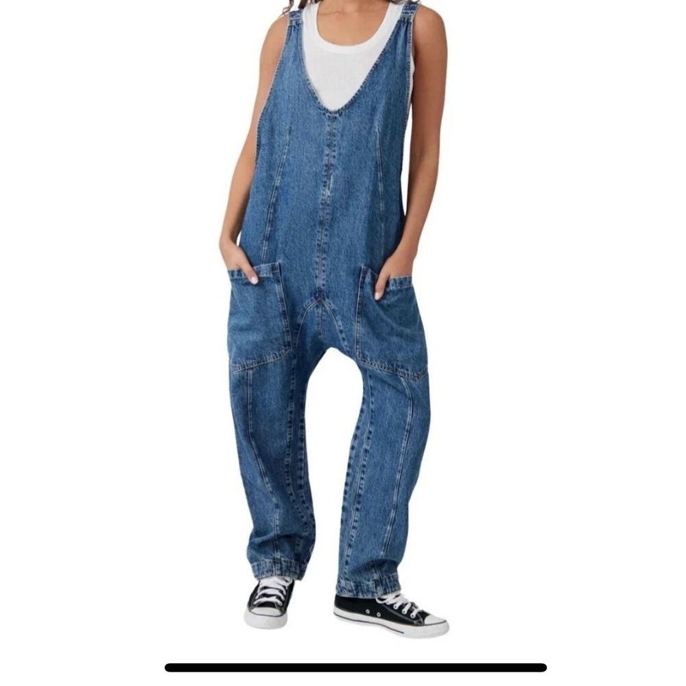 We The Free Free People Denim Harem Jumpsuit Blue Medium Wash Size Small Granola